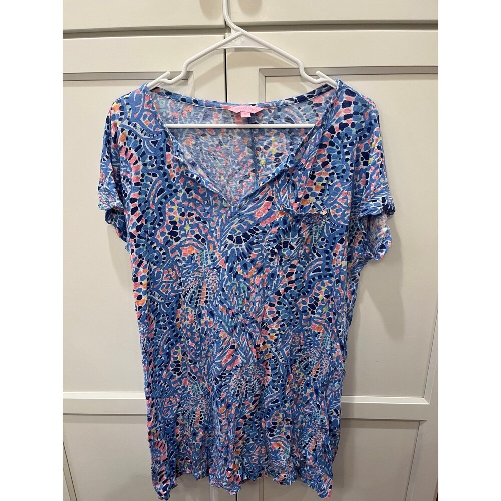 Lilly Pulitzer Blue Multicolor Printed V-Neck Blouse